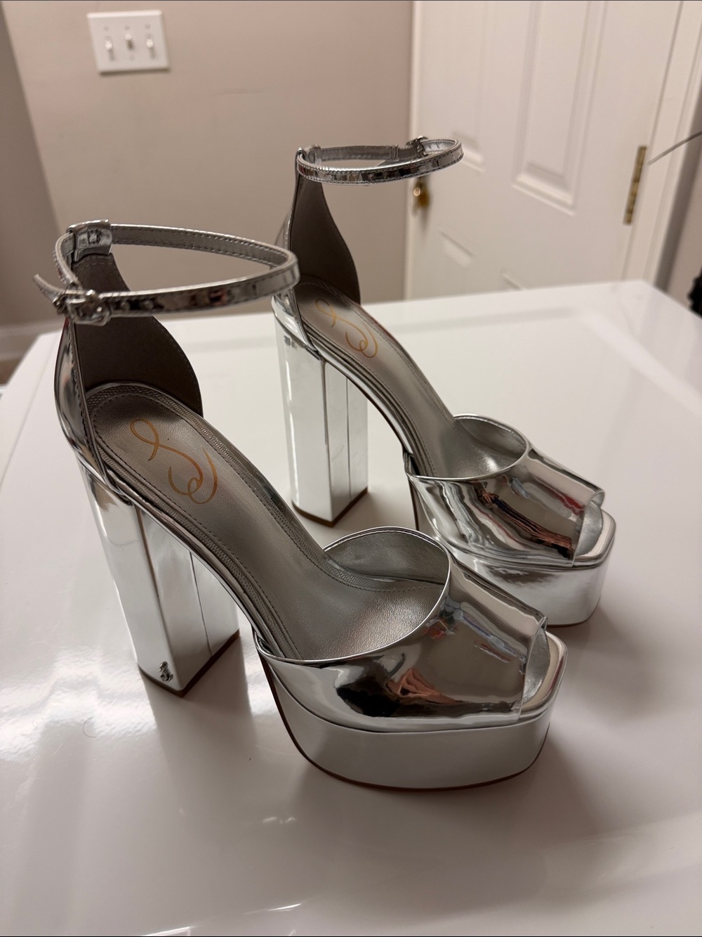 Women's Sam Edelman Silver Metallic Kori Platform PeepToe Heels with Ankle Strap